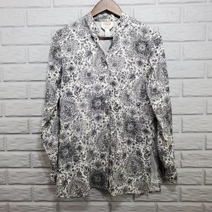 Talbots Women's 4 Black White Paisley‎ Irish Linen Long Sleeve Button Front Top